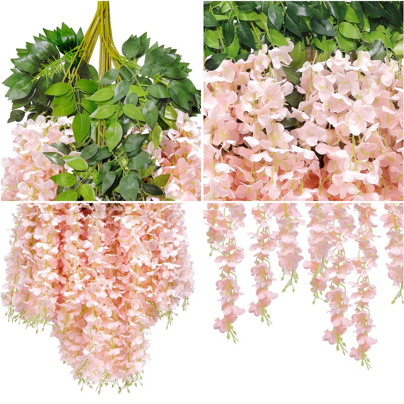 U'Artlines 24 Pack(Total 43.2 Feet) Artificial Fake Wisteria Vine Rattan Hanging Garland Silk Flowers String Home Party Wedding Decor (24, Light Pink) - Image 4